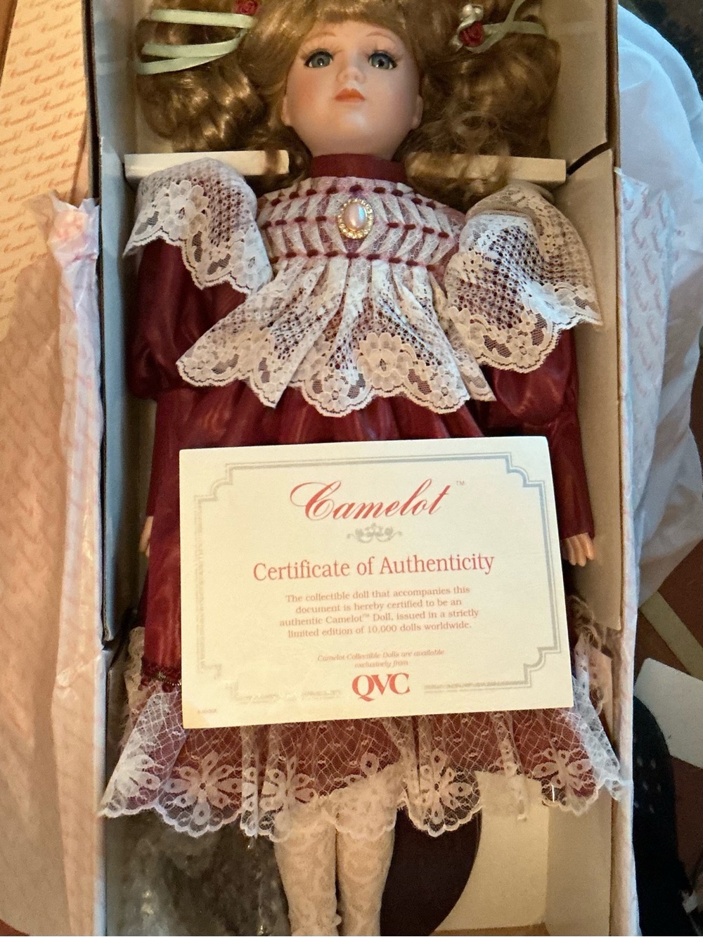 Camelot Porcelain Doll in Burgundy Lace Dress
